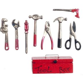 Dolls House Red Tool Box & Metal Tools Miniature Garden 1:12 Shed Work Accessory