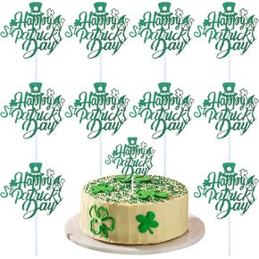 10Pcs St. Patrick’s Day Cake Toppers, Shamrock Cupcake Toppers for Party, Green Glitter Cake Decorations for St. Patrick’s Day, Ireland Festival Supplies
