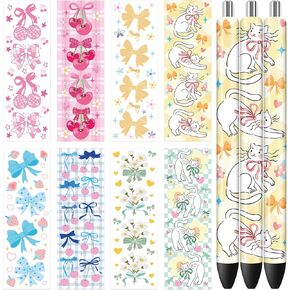 Bow UVDTF Pen Wraps - 40 Sheets Cute Cat UV DTF Decals, Coquete Daisy Cherries Rub on Transfer Stickers for Girls Women, Waterproof DIY Blank Pens Crafts