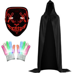 Brightown Halloween Costume Set for Boys Girls, Full Length Black Hooded Cloak, 3 Modes Light Up Scary LED Mask and Multicolor LED Glowing Gloves Perfect for Halloween Decorations Anonymous Carnival