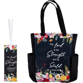 NICENEEDED Bible Cover Bag with Water Bottle Pockets, Multipockets Bible Carrier with Bookmark for Men and Women, Waterproof Flower Bible Hangbags with Carrying Handle