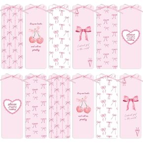 TICIAGA Coquette Pink Bow Bookmark - 12PCS Pink Bow Paper Bookmark with Ribbon for Girl Reading Lovers, Funny Girl Coquette Cherry Paper Marker Bulk Book Lovers Gifts for Women, School Rewards for Kid