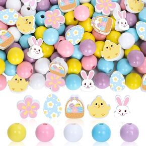Whaline 225Pcs Easter Wooden Beads Rabbit Easter Egg Flower Chick Pattern Wood Beads Colorful Farmhouse DIY Craft Beads Easter Loose Beads for Easter DIY Crafts Bracelet Necklaces Home Decor