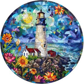 Wooden Puzzles for Adults-Stained Glass Lighthouse Puzzle, Unique Shaped Wooden Jigsaw Puzzles for Adults, Wood Puzzles Adult, Perfect for Birthday Gift, Wall Art Room Decor (S-8.5 * 8.3in-100 pcs)