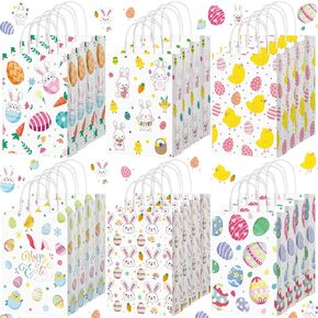 Yeaqee 24 Pcs Easter Gift Bags Bunny Paper Treat Bags with Handles Easter Party Favor Pouches Spring Bunny Egg Chick Candy Pouches for Kids Holiday Party Gift Wrapping
