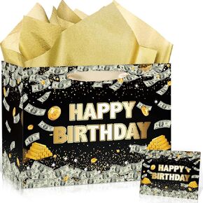 Funny Birthday Gift Bag Money Birthday Decorations Dollar Bills Gift Wrapping Paper Bag with Greeting Card Tissue Paper for Office Coworker Best Friend Men Women Birthday Party Favor Supplies