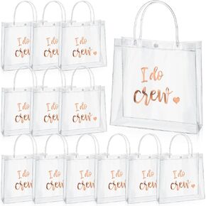 Sabary 12 Bridesmaid Gift Bags I Do Crew Bachelorette Plastic Clear Gift Bags with Handles for Wedding Party Favor Bridesmaids Team Bride Shower (Rose Gold, 7.87 x 3.15 x 7.87 Inch)