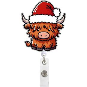 Christmas Badge Reel, Highland Cow Badge Clip, Badge Holder for Teacher, Nurse Holiday Retractable Badge Reel, Nurse Stocking Stuffer Badge Reel Gifts