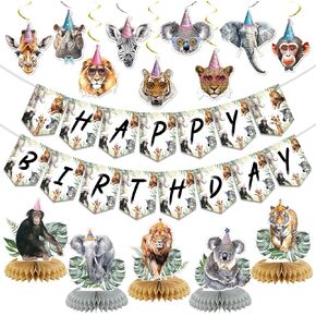 Animals Birthday Party Decorations, Safari Jungle Themed Decorations Including Happy Birthday Banner Animals Hanging Swirls Honeycomb Centerpieces, Animals Themed birthday Party Supplies