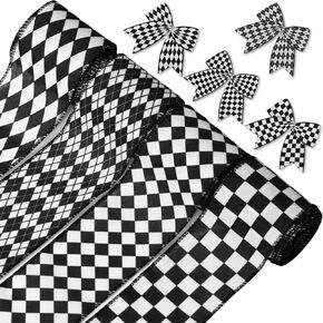 YKW 4 Rolls Black White Checkered Ribbon Set, 2.5 Inch x 5 Yards Each, Buffalo Plaid Diamond Burlap Ribbons with Wired Edge for Modern Gift Wrapping Wedding Party Store Decor, Racing Theme Events