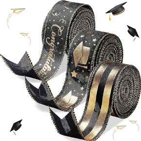 3 Roll Class of 2025 Graduation Ribbon 1.5 Inch Graduation Party Favors Congrats Grad Ribbon Bronzing Wired Edge Ribbons with Cap Star Stripes Gold Ribbon Decoration Craft Supplies(Black and Gold)