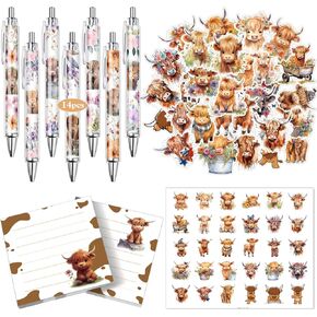 18 Pcs Christmas Cute Highland Cow Floral Gifts Cow Office Supplies Cow Pens with Stickers Sticky Notes Aesthetic Highland Cow Office Decor Cow Stuff Car Stationery Valentine Gifts for Teachers