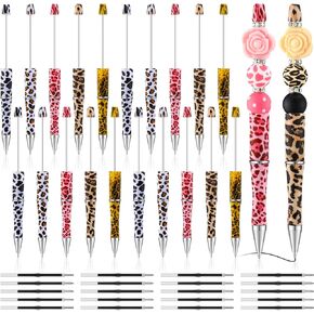 Ctosree 20 Pcs Beadable Pens Bulk DIY Bead Pens Animal Leopard Cow Print Beaded Ballpoint Pen Black Ink with 20 Refills for Girls Women Mother's Day Birthday Gifts School Office Supplies(Cow Print)