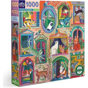 eeBoo Piece & Love: Cats in Window - 1000 Piece Puzzle - Adult Square Jigsaw, 23x23, Includes Image Reference Insert, Glossy Pieces