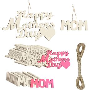 48 Pcs Mother's Day Unfinished Wood Crafts, Mother's Day Crafts Best Mom Wood Cutouts Gift Tags Wooden Letter Ornaments with String for Happy Mother's Day Gifts Birthday Party Decorations