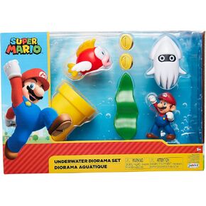 Nintendo Super Mario Underwater 2.5" Figure Diorama Play Set, Includes: Mario, Cheep-Cheep, Blooper, Mechanical Warp Pipe, Spinning Water Plant & Two Coins