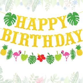 Hawaiian Luau Birthday Party Decorations, 26pcs Gold Glitter Tropical Happy Birthday Banner Sign with Flamingo Palm Tree Pineapple Tropical Garland for Summer Beach Hawaiian Theme Party Decorations