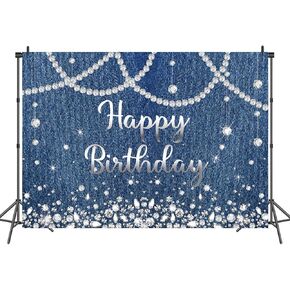 INRUI Denim and Diamonds Happy Birthday Photography Backdrop Glitter Diamonds Baby Shower Woman Anniversary Party Decoration (7x5FT)