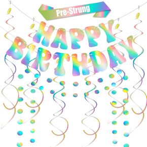 Happy Birthday Banner Iridescent Party Decorations, Fufuddz Funny Birthday Sign, Pre-Strung Holographic Garland & Hanging Swirls Decor for Disco Bachelorette, Girls Women 21st 30th 40th 50th 60s 70s