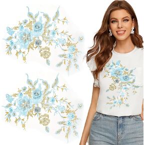 2PCS Blue Flower Fabric Beaded Lace Applique, 3D Embroidered Patch for Wedding Bridal Gown Floral Clothing Patch Decoration