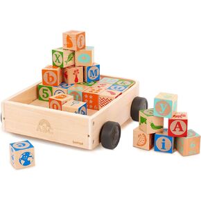 Battat Wooden ABC Block Wagon - 26 Upper & Lower Case Alphabet & 4 Numbers Blocks (30 Pieces, 1 Inch+) - Stacking & Educational Toy for Toddlers 10+ Months