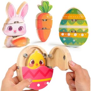 HUZU Easter Snap Builders, Bunny, Carrot, Egg, Chick Wooden Puzzle Toy, Take Apart & Mix-and-Match Characters, 3 4 5 6 7 8 Years Old Kids Montessori STEM Fine Motor Skill