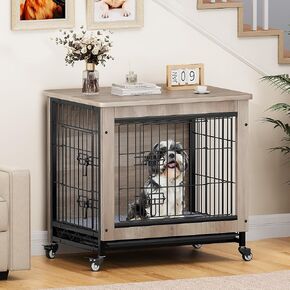 DWVO Dog Kennel Furniture with Cushion, 38" Wooden Dog Crate Furniture with Wheels, Dog Crate End Table with Tray, Dog Cage with Double Doors for Small/Medium Dog (Rustic Brown)