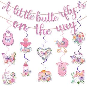 Butterfly Baby Shower Decorations - A Little Butterfly Is on the Way Banner with Hanging Swirl Butterfly Decorations Baby Shower for Girls Baby Shower
