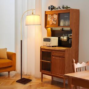 63" Gold Floor Lamp for Living Room, Tall Arc Standing Lamps for Bedrooms,Tall Lamp with Walnut Wood Finish, Linen Shade, Foot Switch, Mid Century Modern Lamp for Bedroom
