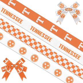 Threetols 4 Rolls 20 Yards Tennessee Ribbons, 3/8" White Orange Checkered Grosgrain Ribbons Letter T Ribbons Wrapping Craft Ribbons for Tennessee City Decoration and Theme Party Decorations
