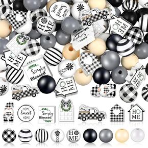 Thyle 200 Pcs Black White Wooden Beads Buffalo Plaid Stripe Wood Beads 16mm 20 mm Solid Color Beads Arched Window Truck Gnome Home Printed Farmhouse Beads with Holes for Jewelry Making DIY Craft
