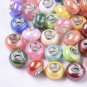 Beadthoven 100pcs Resin Porcelain European Beads Large Hole Colorful AB Color Rondelle European Charm Spacer Beads with Silver Color Cores for DIY European Bracelets Jewelry Making Crafts Supplies