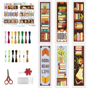 BEUNITONE 6 Pcs Cross Stitch Bookmark Kit for Adult Beginners Book Mark Embroidery Kits Book Read Life Stamped Embroidery with Instructions DIY Stamped Embroidery Kits for Bag Decor 2.4x7.9 in