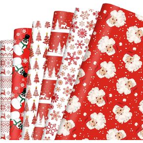 DTIAFU Red Christmas Wrapp Paper 6 Funny Holday Style Gift Wrap Santa Snowman Tree and Snowflake Design for Party Vacation Boys Girls 20 × 28 بوصة مطوية (6 ورقة)