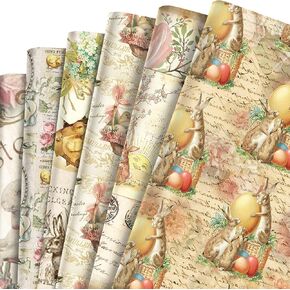 12 Sheets Easter Bunny Wrapping Paper Rabbit Egg Flower Design,6 Types Gift Wrap Vintage Wrapping Paper for Easter Festival Decoration Birthday Wedding Bridal Shower DIY Crafts,20 x 27 In