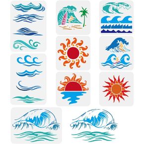 FINGERINSPIRE 9 PCS Sea Waves Painting Stencil Sun Beach Template Summer Surfing Template Coconut Tree Stencil Summer Theme for Painting on Wall Wood Canvas Fabric Furniture