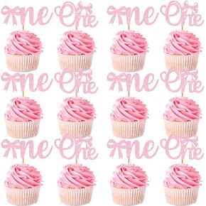 12PCS Pink Bow Me One Cupcake Toppers, First Birthday Cupcake Toppers, One Cake Topper, Bow Cake Topper, 1 Cake Topper with Bow, One Cake Decorations for 1st Birthday Girl Baby Shower
