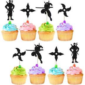 24pcs نينجا كب كيك توب كب كيك ، نينجا ووريور كب كيك أعلى الأوساط للأولاد ، أسود بريق الزخارف كعكة النينجا ل Karate Kung Fu Warriors لوازم الحفلات