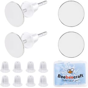 Beebeecraft 1 Box 10 Pairs 925 Sterling Silver Earring Posts Flat Pad Earring Studs Hypoallergenic 4mm Earring Cabochon Setting with 50Pcs Ear Nuts and Silver Polishing Cloth for Jewelry Making