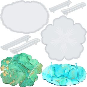 meekoo 2 Pcs Large Silicone Resin Tray Molds with 4 Pcs Handles Serving Tray Resin Mold for Making Jewelry Plates Tea Coasters Art Craft Casting Supplies(Round, Rectangle)