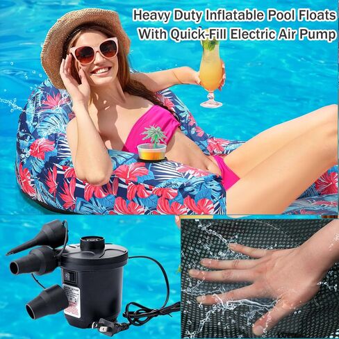 Fabric Covered Pool Float Lounge for Adults 2 in 1 Convertible Chair Lounger Large Inflatable Pool Rafts Heavy Duty Float Mattress with Quick Dry Cover, Electric Air Pump in Kuwait