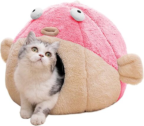 Cat Beds for Indoor Cats - Cat Bed Cave with Removable Washable Cushioned Pillow,2 in 1 Super Soft Animal-Shape Cat Tent for Kitten and Small cat, Lively Pufferfish cat beds & Furniture, Grey(M) in Saudi Arabia