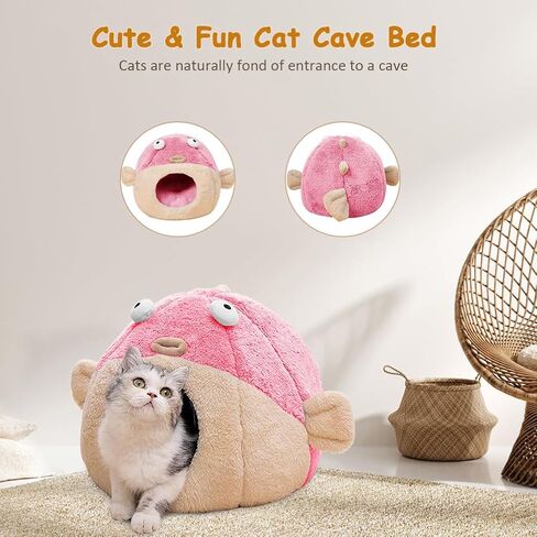 Cat Beds for Indoor Cats - Cat Bed Cave with Removable Washable Cushioned Pillow,2 in 1 Super Soft Animal-Shape Cat Tent for Kitten and Small cat, Lively Pufferfish cat beds & Furniture, Grey(M) in Saudi Arabia