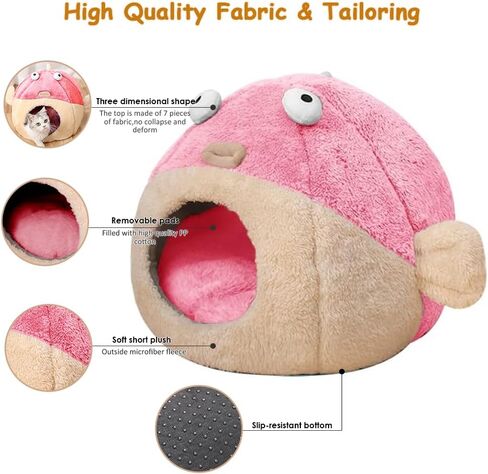 Cat Beds for Indoor Cats - Cat Bed Cave with Removable Washable Cushioned Pillow,2 in 1 Super Soft Animal-Shape Cat Tent for Kitten and Small cat, Lively Pufferfish cat beds & Furniture, Grey(M) in Saudi Arabia