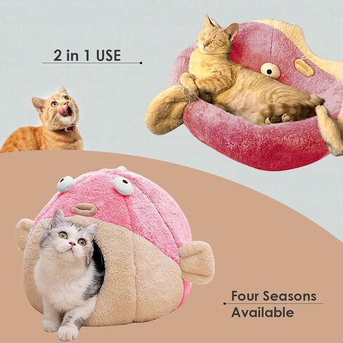 Cat Beds for Indoor Cats - Cat Bed Cave with Removable Washable Cushioned Pillow,2 in 1 Super Soft Animal-Shape Cat Tent for Kitten and Small cat, Lively Pufferfish cat beds & Furniture, Grey(M) in Saudi Arabia