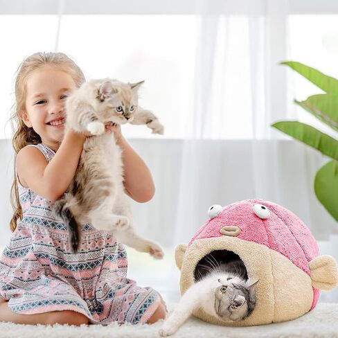 Cat Beds for Indoor Cats - Cat Bed Cave with Removable Washable Cushioned Pillow,2 in 1 Super Soft Animal-Shape Cat Tent for Kitten and Small cat, Lively Pufferfish cat beds & Furniture, Grey(M) in Saudi Arabia