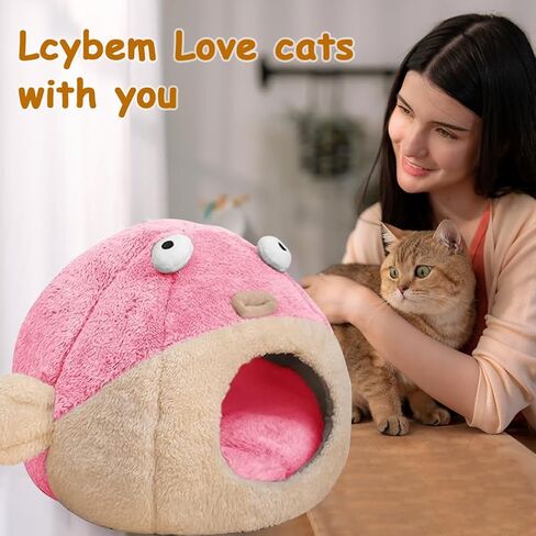 Cat Beds for Indoor Cats - Cat Bed Cave with Removable Washable Cushioned Pillow,2 in 1 Super Soft Animal-Shape Cat Tent for Kitten and Small cat, Lively Pufferfish cat beds & Furniture, Grey(M) in Saudi Arabia