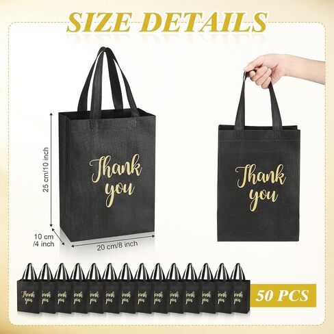 Roowest 50 Pcs Thank You Gift Bags with Handles Bulk Reusable Non Woven Foldable Bag for Graduation Wedding, 10 x 8 x 4 Inch in Saudi Arabia