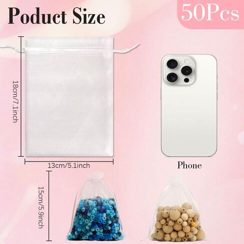 Organza Bags, White Sheer Organza Bags 5" x 7 " 50 PCS Mesh Bags Drawstring Sachet Bag Drawstring Bags Small Jewelry Bags Candy Bags Mesh Gift Bags for Birthday Wedding Party Supply Valentines Easter in Saudi Arabia