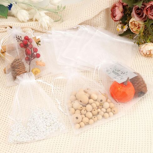 Organza Bags, White Sheer Organza Bags 5" x 7 " 50 PCS Mesh Bags Drawstring Sachet Bag Drawstring Bags Small Jewelry Bags Candy Bags Mesh Gift Bags for Birthday Wedding Party Supply Valentines Easter in Saudi Arabia